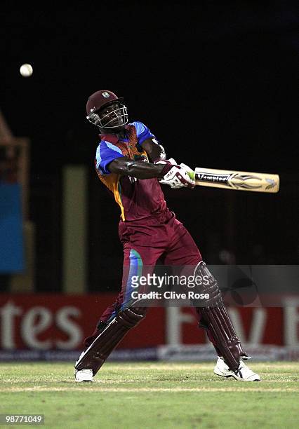Darren Sammy of West Indies hits out during the ICC T20 World Cup Group D match between West Indies and Ireland at the Guyana National Stadium...