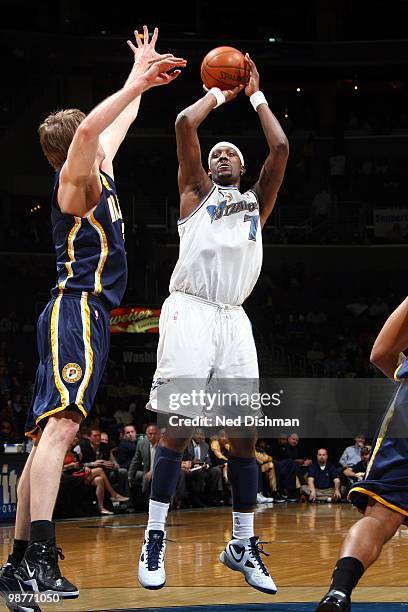 Andray Blatche of the Washington Wizards shoots the jump shot against the Indiana Pacers during the game at the Verizon Center on April 14, 2010 in...