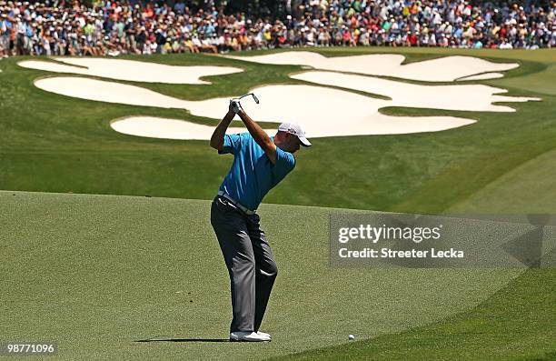 Stewart Cink hits a shot on the 5th hole during the second round of the Quail Hollow Championship at Quail Hollow Country Club on April 30, 2010 in...