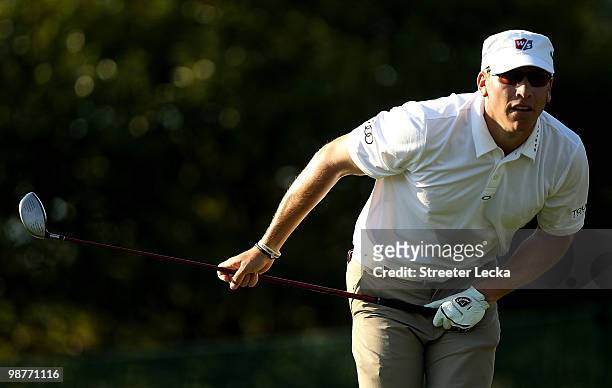Ricky Barnes watches his tee shot on the 16th hole during the second round of the Quail Hollow Championship at Quail Hollow Country Club on April 30,...