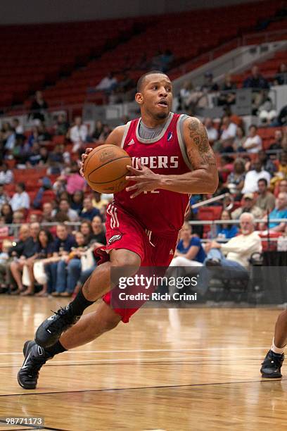 Will Conroy of the Rio Grande Valley Vipers dribble drives to the basket against the Tulsa 66ers in Game One of the 2010 NBA D-League Finals at the...