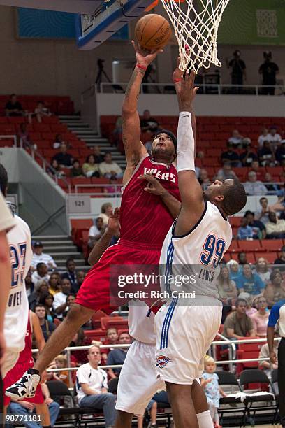 Julian Sensley of the Rio Grande Valley Vipers puts up a shot Marcus Lewis of the Tulsa 66ers in Game One of the 2010 NBA D-League Finals at the...