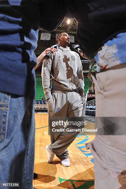 Smith of the Denver Nuggets talks to the media prior to the game against the Utah Jazz in Game Six of the Western Conference Quarterfinals during the...