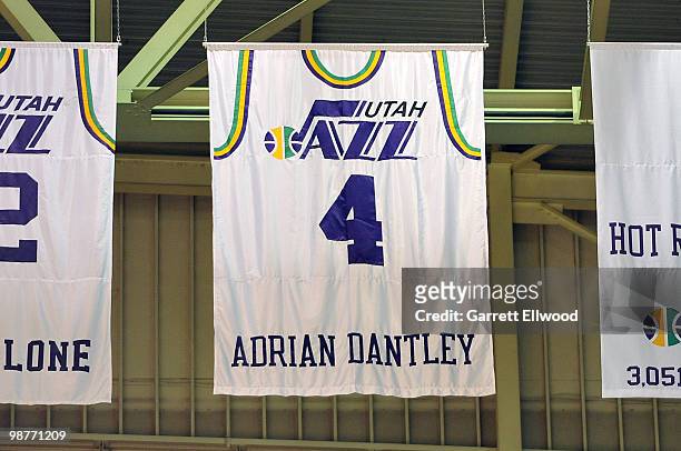 View of the banner for assistant coach Adrian Dantley of the Denver Nuggets prior to the game against the Utah Jazz in Game Six of the Western...