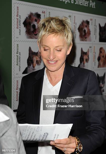 Actress and talk show host Ellen DeGeneres attends the Postal Service dedication of their new Animal Rescue: Adopt A Shelter Pet Stamp on April 30,...