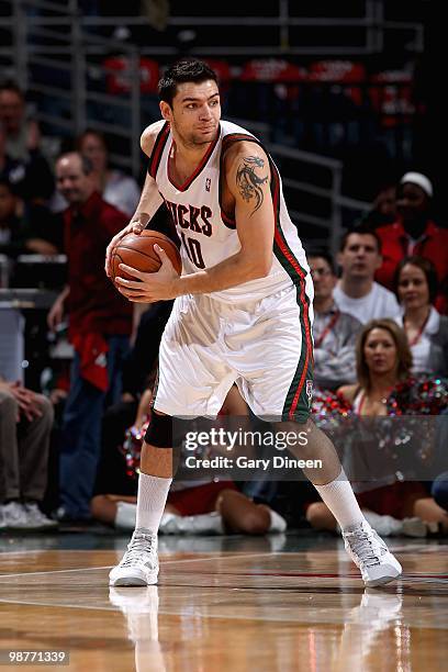 Carlos Delfino of the Milwaukee Bucks looks to pass in Game Three of the Eastern Conference Quarterfinals against the Atlanta Hawks of the 2010 NBA...