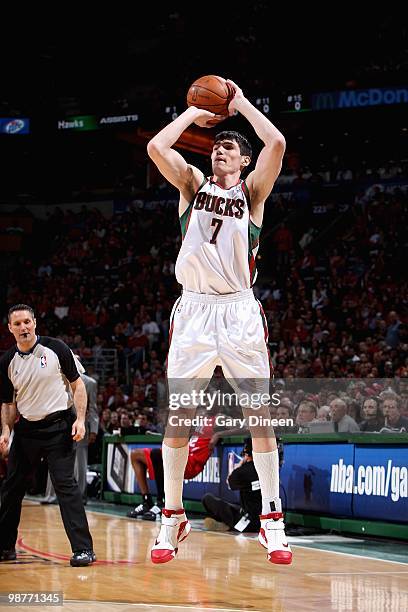 Ersan Ilyasova of the Milwaukee Bucks shoots in Game Three of the Eastern Conference Quarterfinals against the Atlanta Hawks of the 2010 NBA Playoffs...