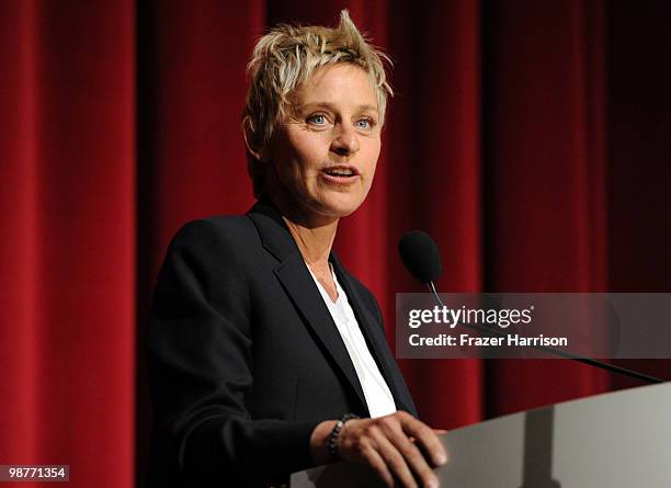 Actress and talk show host Ellen DeGeneres attends the Postal Service dedication of their new Animal Rescue: Adopt A Shelter Pet Stamp on April 30,...