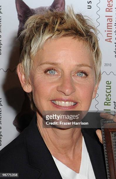 Actress and talk show host Ellen DeGeneres attends the Postal Service dedication of their new Animal Rescue: Adopt A Shelter Pet Stamp on April 30,...