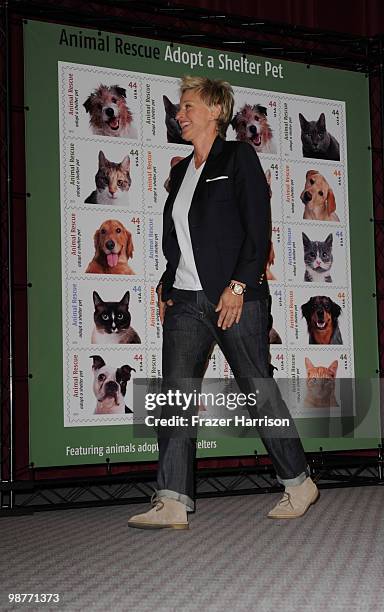 Actress and talk show host Ellen DeGeneres attends the Postal Service dedication of their new Animal Rescue: Adopt A Shelter Pet Stamp on April 30,...