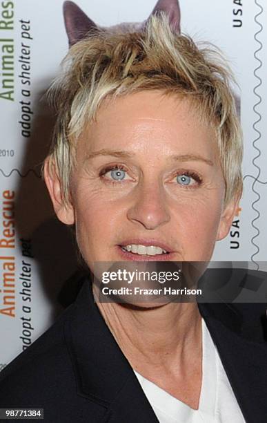 Actress and talk show host Ellen DeGeneres attends the Postal Service dedication of their new Animal Rescue: Adopt A Shelter Pet Stamp on April 30,...