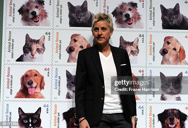 Actress and talk show host Ellen DeGeneres attends the Postal Service dedication of their new Animal Rescue: Adopt A Shelter Pet Stamp on April 30,...