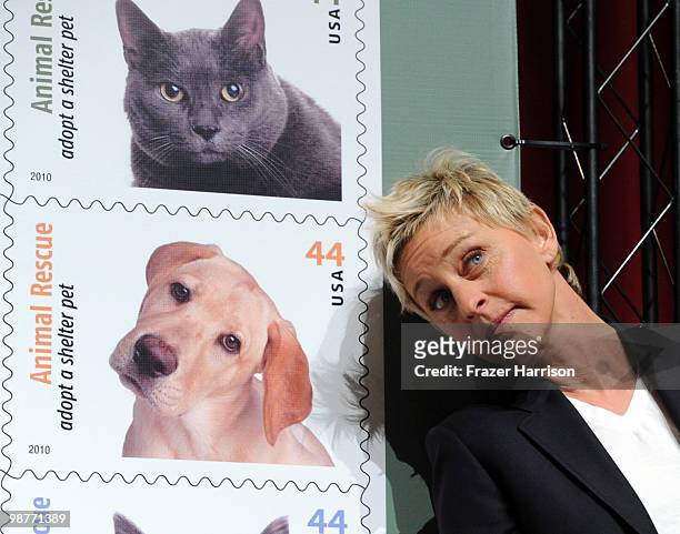 Actress and talk show host Ellen DeGeneres attends the Postal Service dedication of their new Animal Rescue: Adopt A Shelter Pet Stamp on April 30,...