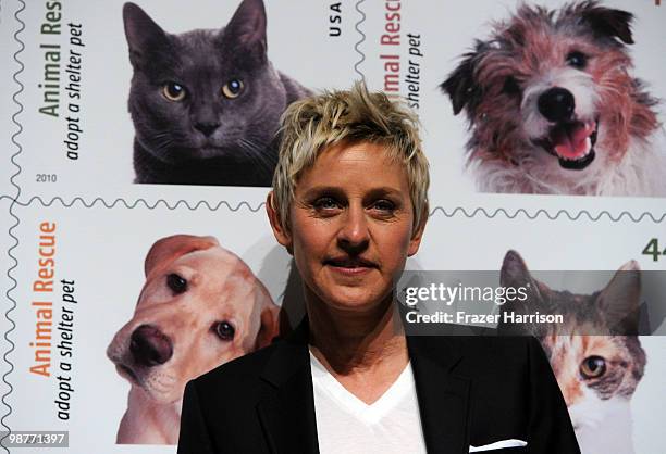 Actress and talk show host Ellen DeGeneres attends the Postal Service dedication of their new Animal Rescue: Adopt A Shelter Pet Stamp on April 30,...