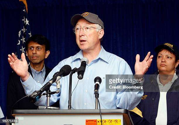 Ken Salazar, U.S. Secretary of the interior, speaks during a news conference on the cleanup and containment efforts for the BP Plc Deepwater Horizon...