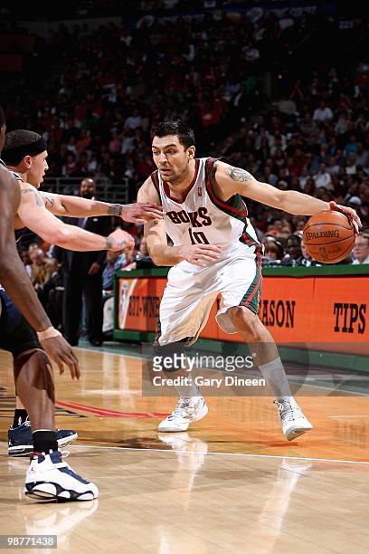 Carlos Delfino of the Milwaukee Bucks drives to the basket in Game Four of the Eastern Conference Quarterfinals against the Atlanta Hawks of the 2010...