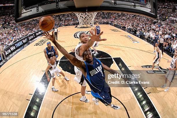 Rodrique Beaubois of the Dallas Mavericks goes to the basket against Tim Duncan of the San Antonio Spurs in Game Six of the Western Conference...