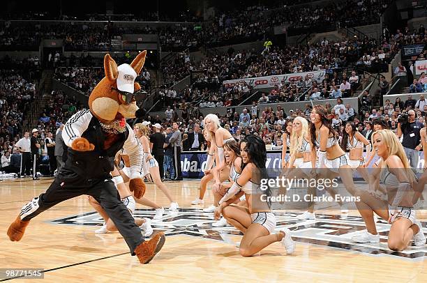 Coyote, mascot of the San Antonio Spurs performs with the Silver Dancers in Game Six of the Western Conference Quarterfinals against the Dallas...