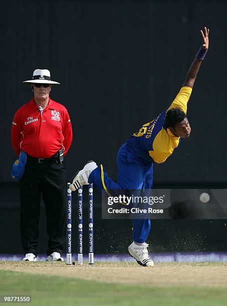 Angelo Mathews of Sri Lanka bowls during The ICC T20 World Cup Group B match between Sri Lanka and New Zealand at the Guyana National Stadium Cricket...