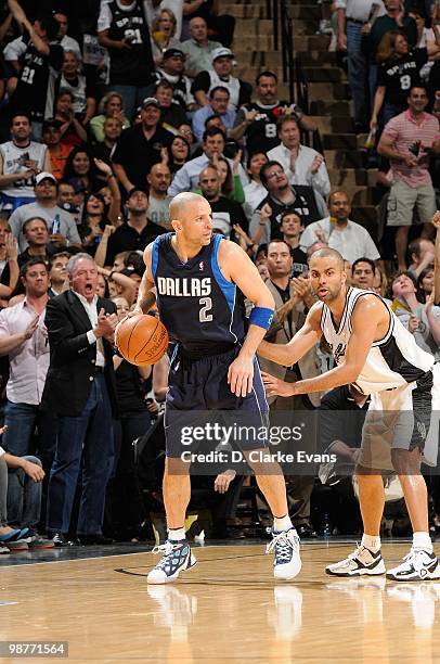 Jason Kidd of the Dallas Mavericks handles the ball against Tony Parker of the San Antonio Spurs in Game Six of the Western Conference Quarterfinals...