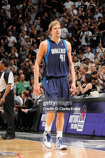 Dirk Nowitzki of the Dallas Mavericks walks on the court in Game Six of the Western Conference Quarterfinals against the San Antonio Spurs during the...