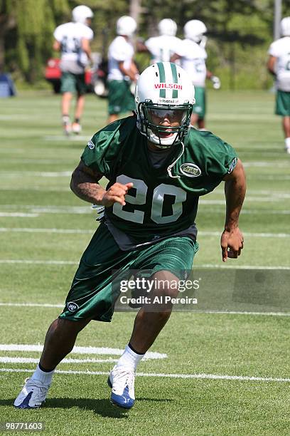 Cornerback Kyle Wilson of the New York Jets covers a receiver at New York Jets rookie mini camp on April 30, 2010 in Florham Park, New Jersey.