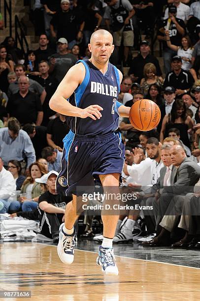 Jason Kidd of the Dallas Mavericks brings the ball upcourt against the San Antonio Spurs in Game Six of the Western Conference Quarterfinals during...
