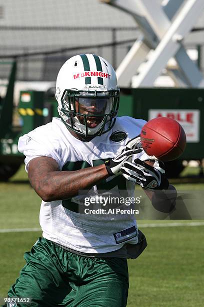 Running Back Joe McKnight of the New York Jets catches a pass at New York Jets rookie mini camp on April 30, 2010 in Florham Park, New Jersey.