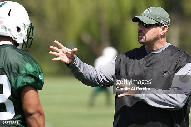 Defensive Coordinator Mike Pettine of the New York Jets explains a play at New York Jets rookie mini camp on April 30, 2010 in Florham Park, New...