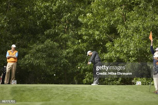 Quail Hollow Championship: Tiger Woods in action during Wednesday Pro-Am at Quail Hollow Club. View of playing partner Jim Rathburn . Charlotte, NC...