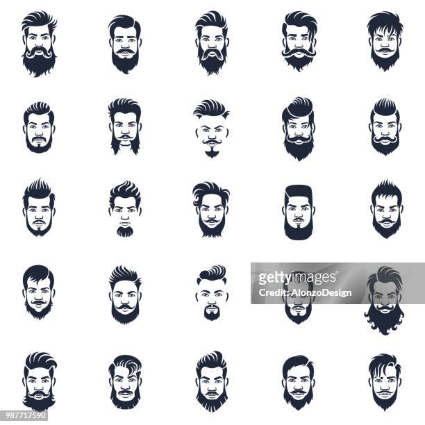 illustrations, cliparts, dessins animés et icônes de ensemble d’icônes de coiffure hommes - mustache