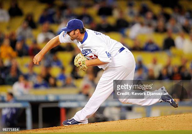 Pitcher Jonathan Broxton the Los Angeles Dodgers throws a pitch against the Pittsburgh Pirates during the ninth inning of the baseball game on April...