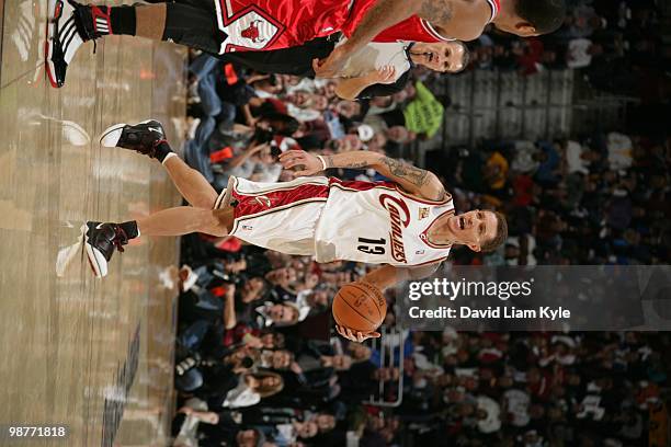 Delonte West of the Cleveland Cavaliers calls out a play on the dribble against the Chicago Bulls in Game Five of the Eastern Conference...