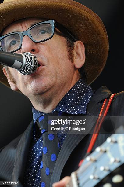 Musician Elvis Costello performs during Day 4 of the 41st Annual New Orleans Jazz & Heritage Festival at the Fair Grounds Race Course on April 29,...