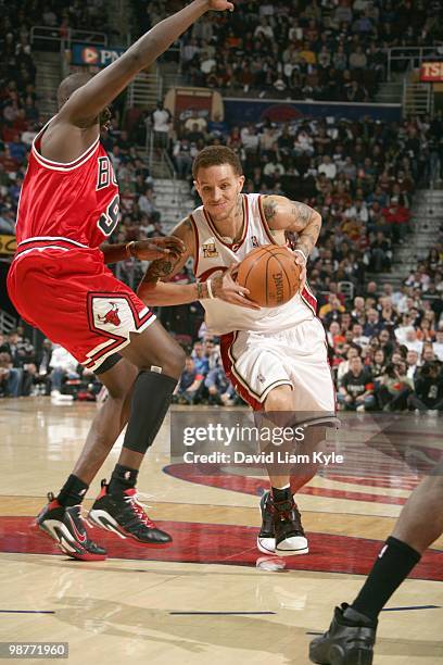 Delonte West of the Cleveland Cavaliers drives to the basket against the Chicago Bulls in Game Five of the Eastern Conference Quarterfinals during...