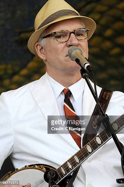 Musician/Actor Steve Martin performs during Day 4 of the 41st Annual New Orleans Jazz & Heritage Festival at the Fair Grounds Race Course on April...