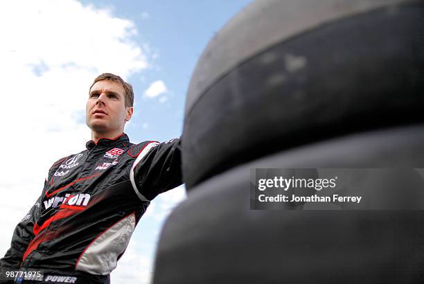 Will Power prepares to qualify his Verizon Team Penske Honda Dallara during for the Indy Car Series Road Runner Turbo Indy 300 on April 30, 2010 at...