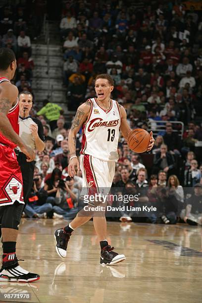 Delonte West of the Cleveland Cavaliers dribbles the ball downcourt against the Chicago Bulls in Game Five of the Eastern Conference Quarterfinals...