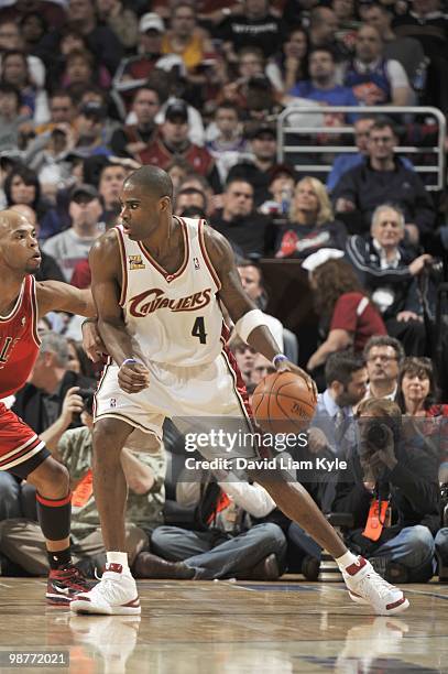 Antawn Jamison of the Cleveland Cavaliers drives the ball against the Chicago Bulls in Game Five of the Eastern Conference Quarterfinals during the...