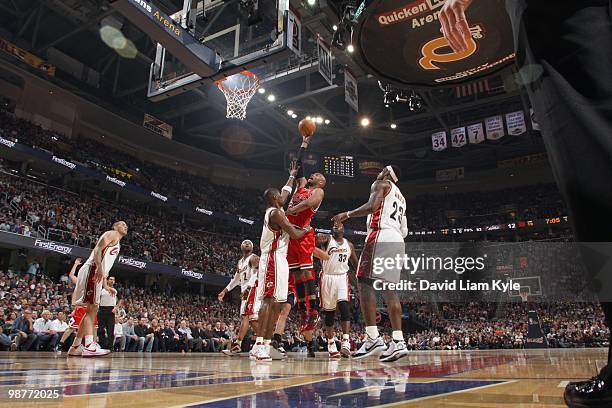 Taj Gibson of the Chicago Bulls puts a shot up against the Cleveland Cavaliers in Game Five of the Eastern Conference Quarterfinals during the 2010...