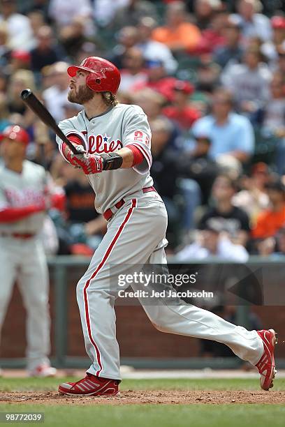 Jayson Werth of the Philadelphia Phillies bats against the San Francisco Giants during an MLB game at AT&T Park on April 28, 2010 in San Francisco,...