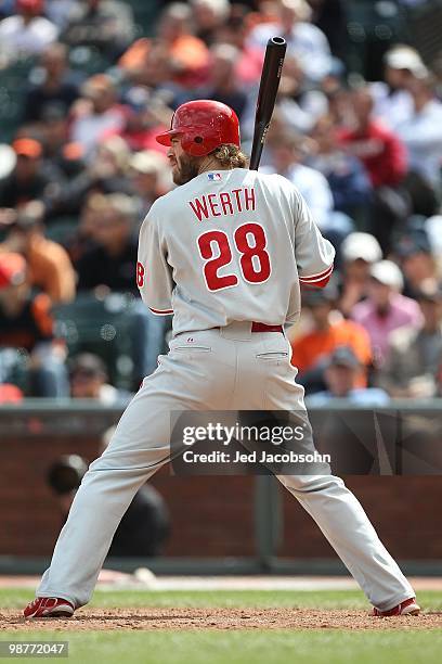 Jayson Werth of the Philadelphia Phillies bats against the San Francisco Giants during an MLB game at AT&T Park on April 28, 2010 in San Francisco,...