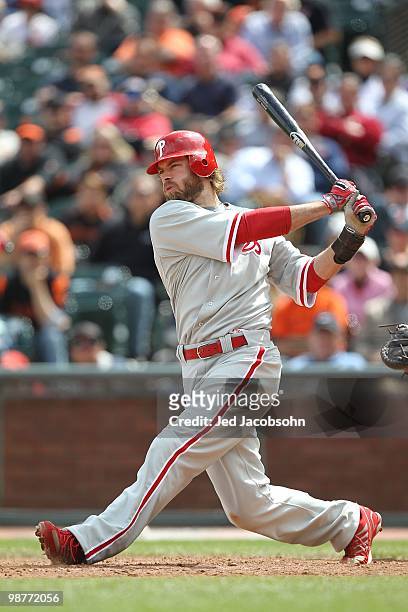 Jayson Werth of the Philadelphia Phillies bats against the San Francisco Giants during an MLB game at AT&T Park on April 28, 2010 in San Francisco,...
