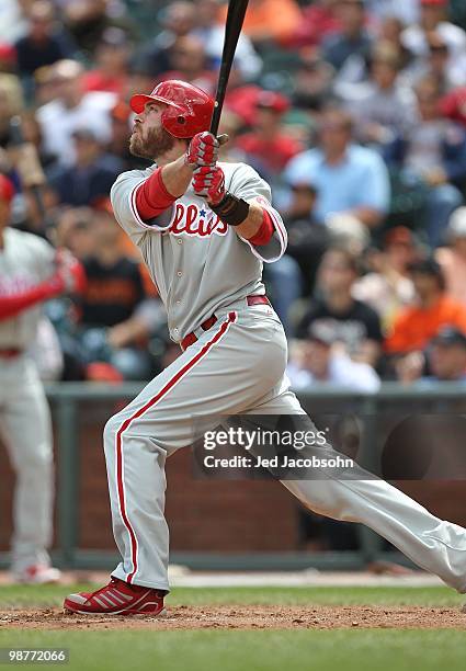 Jayson Werth of the Philadelphia Phillies bats against the San Francisco Giants during an MLB game at AT&T Park on April 28, 2010 in San Francisco,...