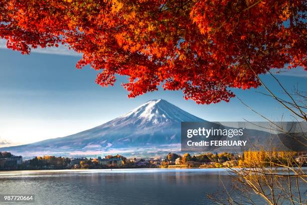 fuji in autumn - yamanaka lake stockfoto's en -beelden