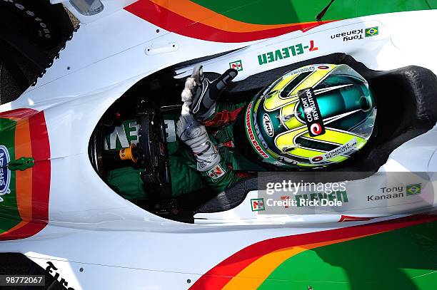 Tony Kanaan of Brazil, sits in the cockpit of the Andretti Autosport Dallara Honda during qualifying for the Indy Car Series Road Runner Turbo Indy...