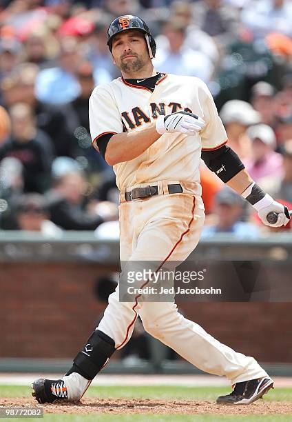 Mark DeRosa of the San Francisco Giants bats against the Philadelphia Phillies during an MLB game at AT&T Park on April 28, 2010 in San Francisco,...