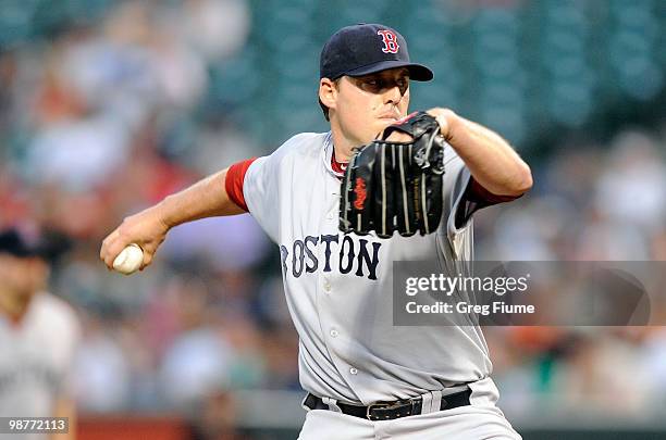 John Lackey of the Boston Red Sox pitches against the Baltimore Orioles at Camden Yards on April 30, 2010 in Baltimore, Maryland.