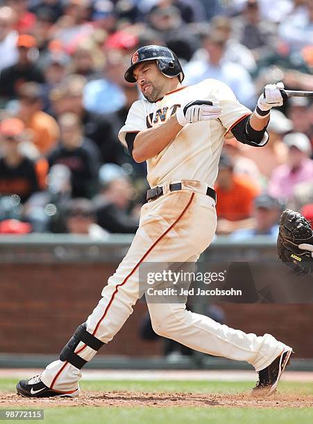 Mark DeRosa of the San Francisco Giants bats against the Philadelphia Phillies during an MLB game at AT&T Park on April 28, 2010 in San Francisco,...