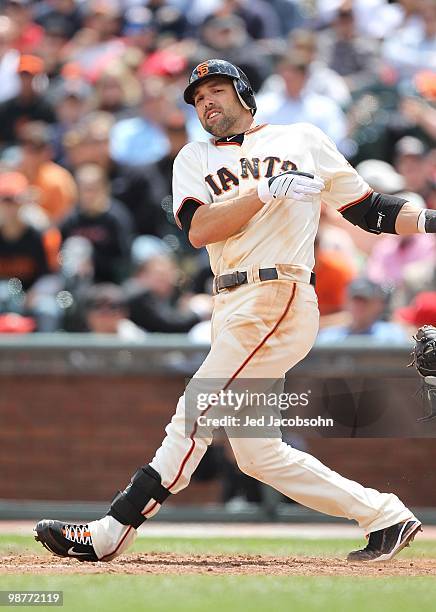 Mark DeRosa of the San Francisco Giants bats against the Philadelphia Phillies during an MLB game at AT&T Park on April 28, 2010 in San Francisco,...